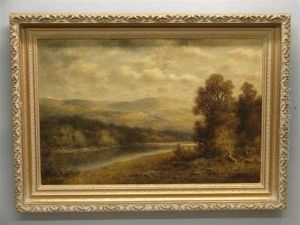 Landscape, River Valley With Mountains In Background With Stormy Skies