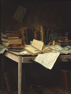 Still Life Of Books, Brush, Inkwell And A Pen On A Table
