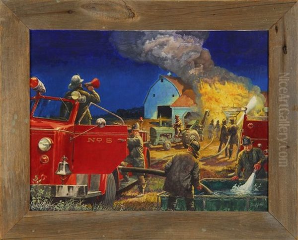 Firemen At The Scene Of A Barn Fire - view 1