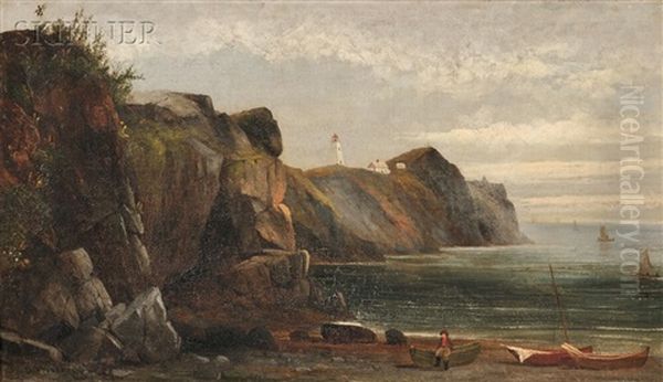 In A Quiet Cove /a Coastal View With Figure, Vessels, And Lighthouse - view 1