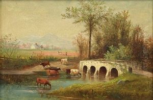 New England Spring Landscape With Cattle By The Bridge by Samuel W. Griggs