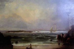 Maritime Scene With Boats On Choppy Ocean, Figures On Beach Between Rocky Promontories by Samuel W. Griggs