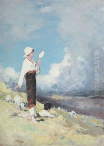 Peasant Girl With Herd Of Sheep, On Muscelul Valley by Nicolae Grigorescu