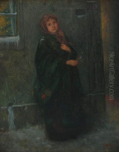 Junge Frau Mit Kopftuch Und Blume In Der Hand Vor Winterlichem Haus Wartend - view 1