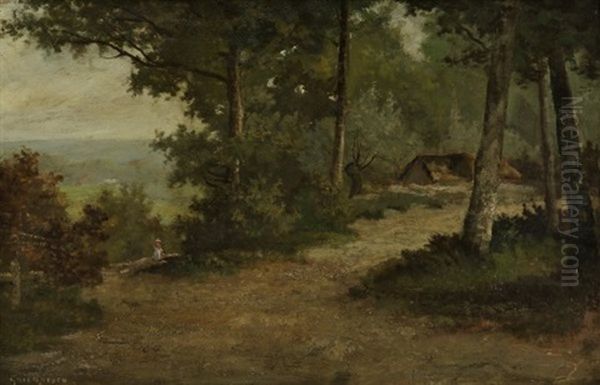 Baumbestandene Landschaft. Mit Frau Auf Zu Haus Fuhrendem Weg - view 1