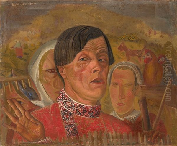 Self-portrait With Hen And Rooster - view 1