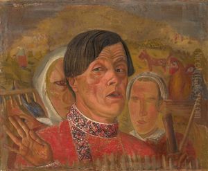 Self-portrait With Hen And Rooster by Boris Dmitrievich Grigoriev