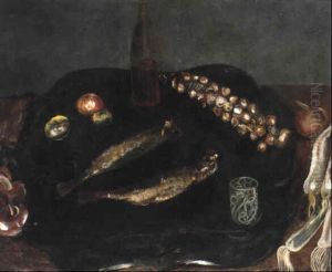 Still Life With Smoked Herring, A Bottle Of Wine, Shallots And White Radishes On A Table by Boris Dmitrievich Grigoriev