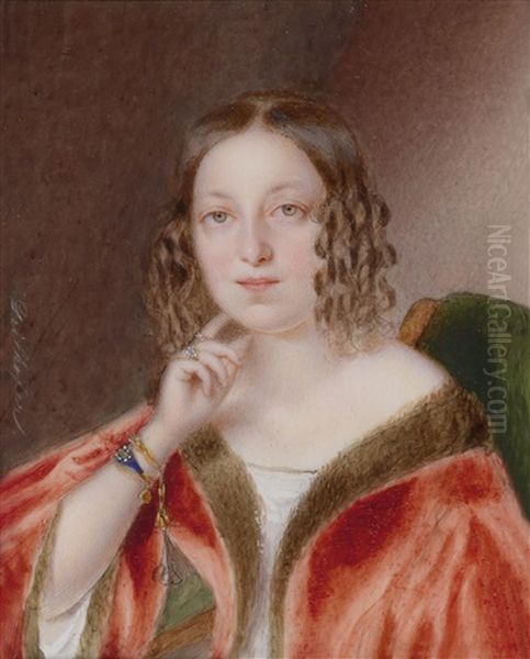 Bildnis Einer Jungen Dame In Pelzverbramtem Roten Mantel, In Einem Lehnstuhl Sitzend, Vor Neutralem Hintergrund - view 1