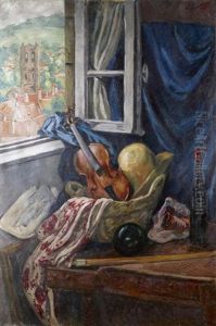 Nature Morte Et Fenetre Ouverte Sur L'eglise De Maule by Roger-Maurice Grillon