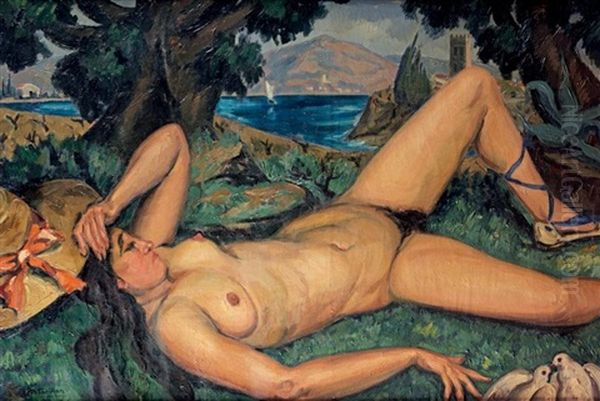 Femme Nue Allongee Aux Colombes - view 1