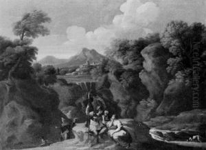 Sudliche Berglandschaft Mit Einem Sich Mit Einer Frau Unterhaltenden Soldaten Sudliche Berglandschaft Mit Einem Sich Mit Einer Frau Unterhaltenden Soldaten