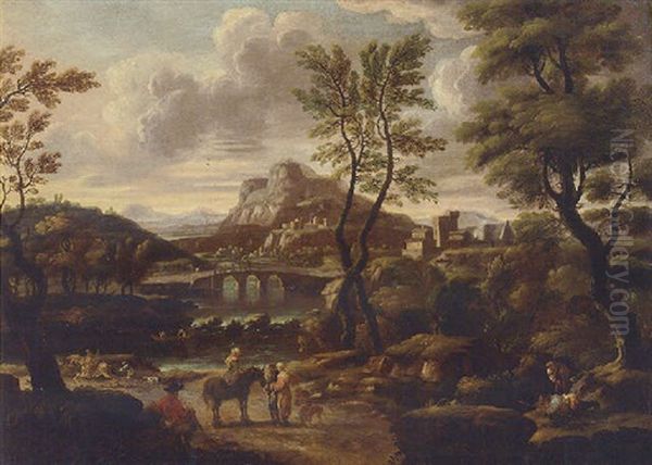 An Extensive Landscape With Travellers On A Track, A Bridge And Village Beyond - view 1