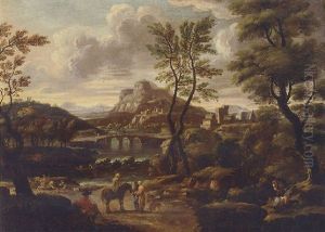 An Extensive Landscape With Travellers On A Track, A Bridge And Village Beyond An Extensive Landscape With Travellers On A Track, A Bridge And Village Beyond
