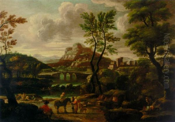 A Landscape With Travellers On A Track, A Bridge And Village Beyond - view 1