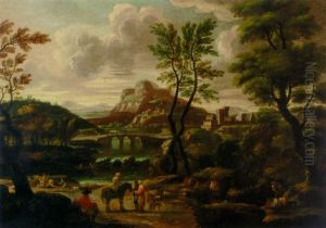 A Landscape With Travellers On A Track, A Bridge And Village Beyond by Giovanni Francesco Grimaldi