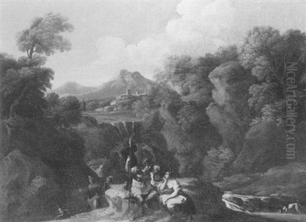 A Rocky River Landscape With A Soldier Conversing With Peasants In The Foreground - view 1