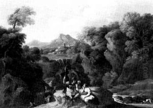 A Rocky River Landscape With A Soldier Conversing With Peasants by Giovanni Francesco Grimaldi