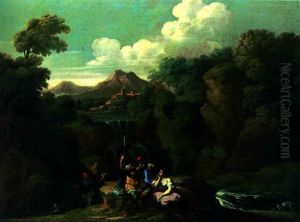 A Rocky River Landscape With A Soldier Conversing With Peasants On An Outcrop by Giovanni Francesco Grimaldi