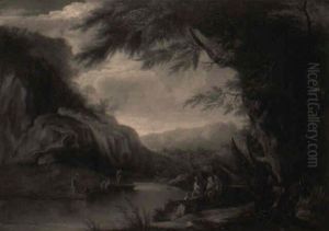 An Extensive Wooded Landscape With Bathers On The Banks Of A River
