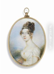 A Young Lady, In White Dress With Gold Brooch Clasp; Landscape Background