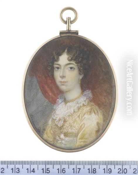 A Lady, Seated Before Red Drapery, Wearing Gold Dress Embellished With White Embroidery, White Sash And Double Tiered Frilled Collar, Gold Choker And Pendant Earring - view 1