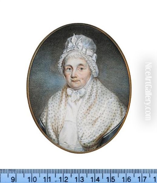 An Elderly Lady, Wearing Teal Dress, White Shawl Tied At Her Waist, Cream Figured Shawl, White Bonnet With Ribbon And Ruffled Trim Fastened Under Her Neck With A Bow - view 1