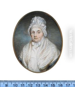 An Elderly Lady, Wearing Teal Dress, White Shawl Tied At Her Waist, Cream Figured Shawl, White Bonnet With Ribbon And Ruffled Trim Fastened Under Her Neck With A Bow