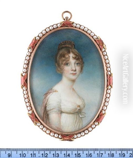 A Lady, Wearing White Dress With A Strand Of Pearls To The Trim Of Her Sleeve, A Gold And Pearl Pendent Brooch At Her Corsage, Pink Stole Fastened At Her Shoulders With A Gold Brooch Pin - view 1