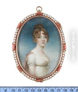 A Lady, Wearing White Dress With A Strand Of Pearls To The Trim Of Her Sleeve, A Gold And Pearl Pendent Brooch At Her Corsage, Pink Stole Fastened At Her Shoulders With A Gold Brooch Pin by William Grimaldi