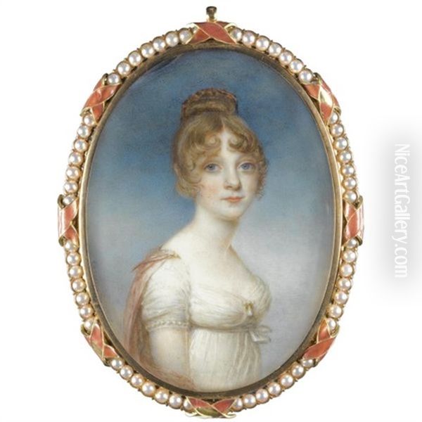 Portrait Of A Lady In A White Dress With Pink Train - view 1