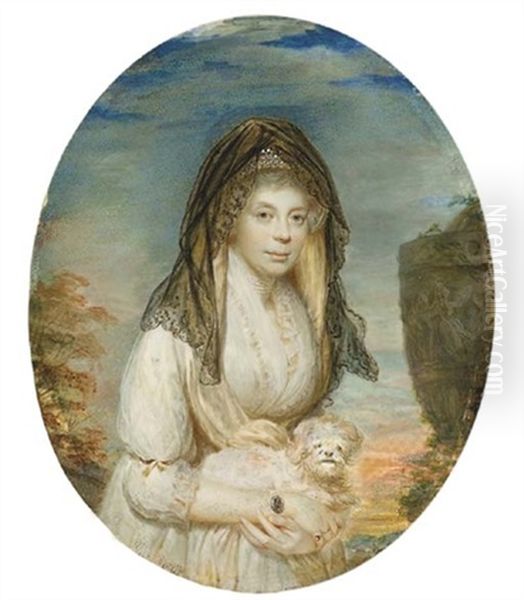 Queen Charlotte, Holding A Maltese Lap-dog, In Lace-bordered White Dress, Wearing A Diamond-set Portrait Miniature Of King George Iii On A Pearl Bracelet, Five-strand Pearl Choker, Black Lace Veil - view 1
