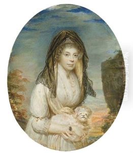Queen Charlotte, Holding A Maltese Lap-dog, In Lace-bordered White Dress, Wearing A Diamond-set Portrait Miniature Of King George Iii On A Pearl Bracelet, Five-strand Pearl Choker, Black Lace Veil