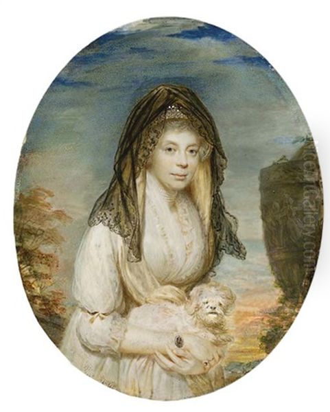 Queen Charlotte, Holding A Maltese Lap-dog, In Lace-bordered White Dress, Wearing A Diamond-set Portrait Miniature Of King George Iii On A Pearl Bracelet, Five-strand Pearl Choker - view 1