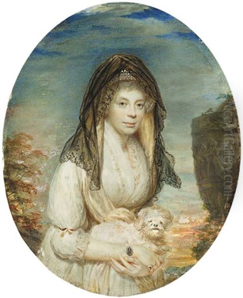 Queen Charlotte (1744-1818), Holding A Maltese Lap-dog, In Lace-bordered White Dress, Wearing A Diamond-set Portrait Miniature Of King George Iii On A Pearl Bracelet, Five-strand Pearl Choker - view 1