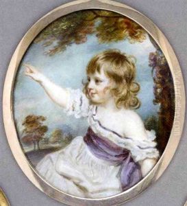 Francis George Hare As A Child With His Right Arm Raised, In Purple-bordered White Dress With Wide Purple Sash, Long Curling Hair; Tree And Foliate Background