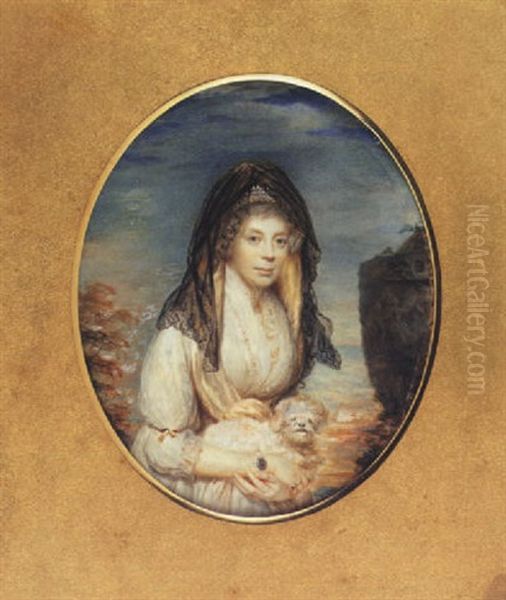 Charlotte Sophia Of Mecklenburg-strelitz Holding A Maltese Lap-dog, Wearing White Dress, Straw Hat With Black Veil, Pearl Choker And Bracelet, Her Hair Powdered - view 1