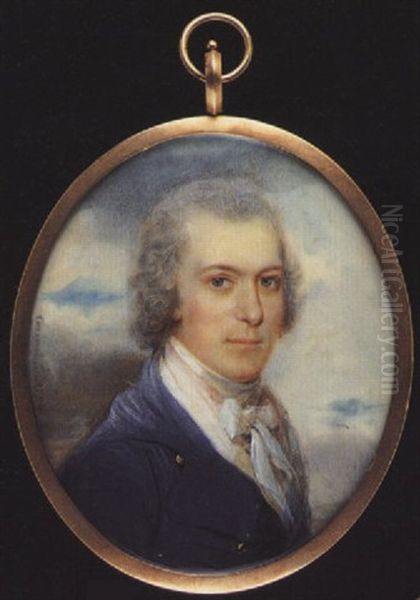 Gabriel Goldney Wearing Blue Coat With Brass Buttons, Pink And White Waistcoat, Tied White Cravat, His Hair Powdered - view 1