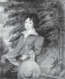 Sarah-ann Knapp Wearing Pale Blue Dress With White Collar, Gold Buckle On Her Waistband, Drop Earring, Straw Bonnet, She Holds A Posy Of Flowers... by William Grimaldi