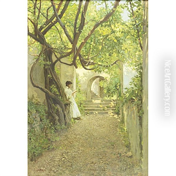 Woman Reading In A Shaded Courtyard - view 1