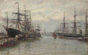 A Bustling Scandinavian Harbour, With The Steamer "regina" At The Dockside