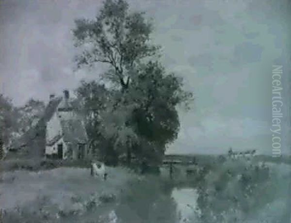 Fransk Landsby Med Graessende Ko Ved En Flod - view 1