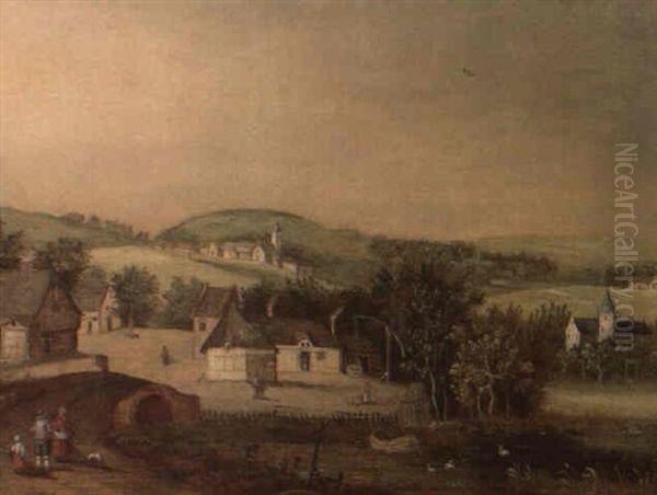 Sommerliche Landschaft Mit Hausern Und Figurenstaffage - view 1