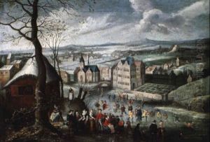 Patineurs Sur Une Riviere Aux Abords D'une Ville by Jakob Grimer