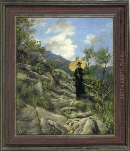 Pfarrer Mit Gelbem Sonnenschirm In Felsiger Landschaft Stehend by Johann Georg Grimm