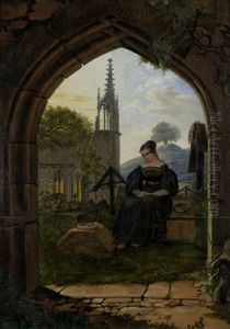 Trauerndes Madchen Auf Einem Friedhof by Ludwig Emil Grimm
