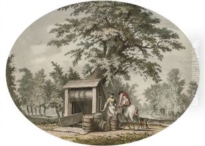 Watering A Horse At The Well (+ Figures By The Village; Pair) by Samuel Hieronymus Grimm