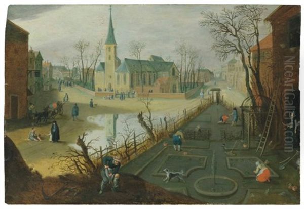 The Month Of February: A Village With Peasants Tending To Their Land, A Church Beyond - view 1