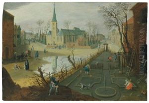 The Month Of February: A Village With Peasants Tending To Their Land, A Church Beyond by Abel Grimmer