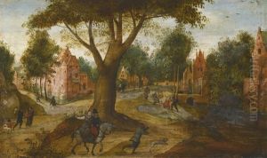 A Couple On Horseback And A Hunter With His Dog Travelling Along A Sandy Path Beneath A Large Tree, A Riverside Town And Other Figures In The Distance